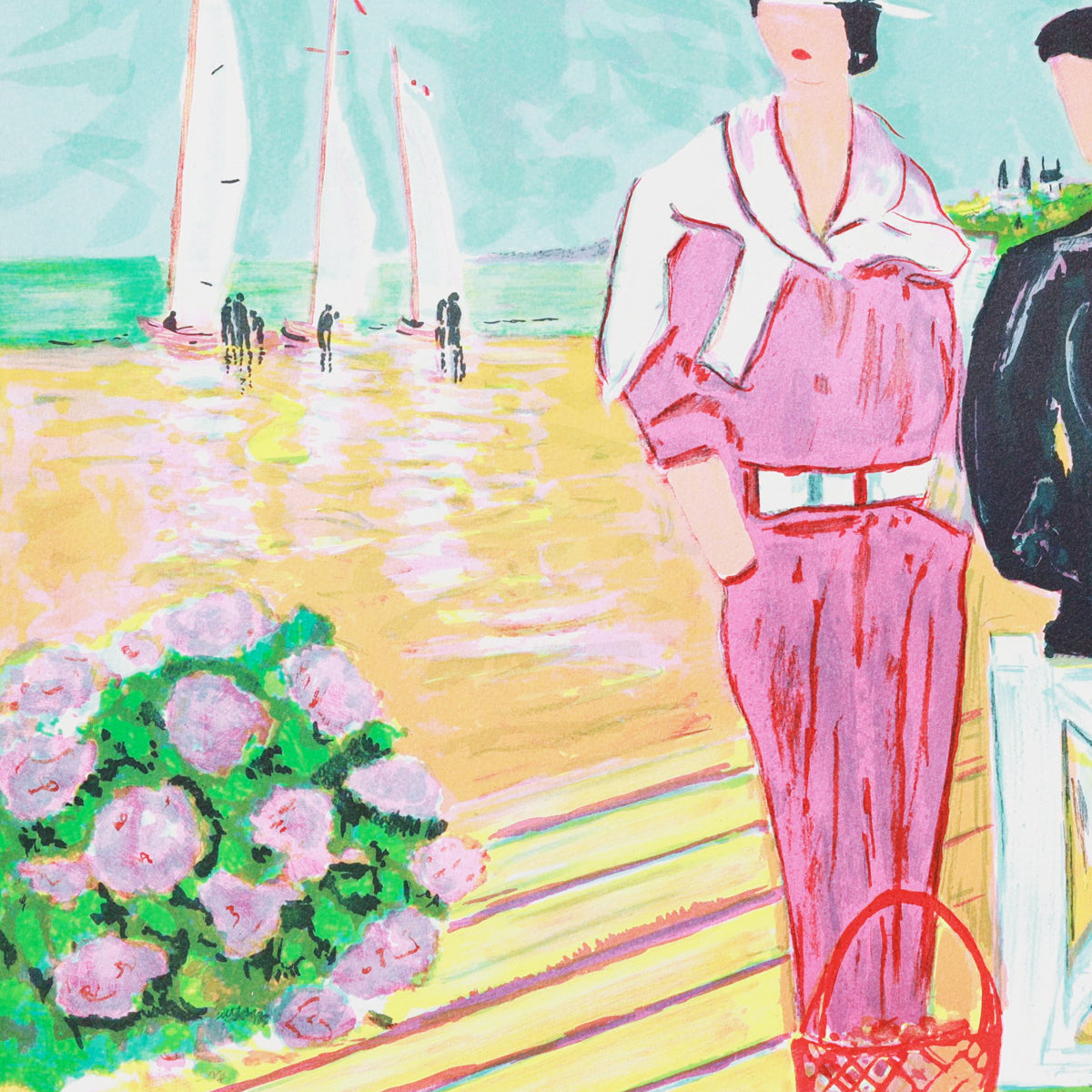 Colorful painting of a woman in a pink dress standing on a beach with sailboats in the background.