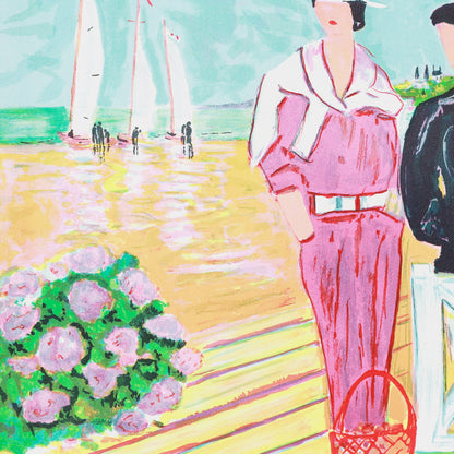 Colorful painting of a woman in a pink dress standing on a beach with sailboats in the background.