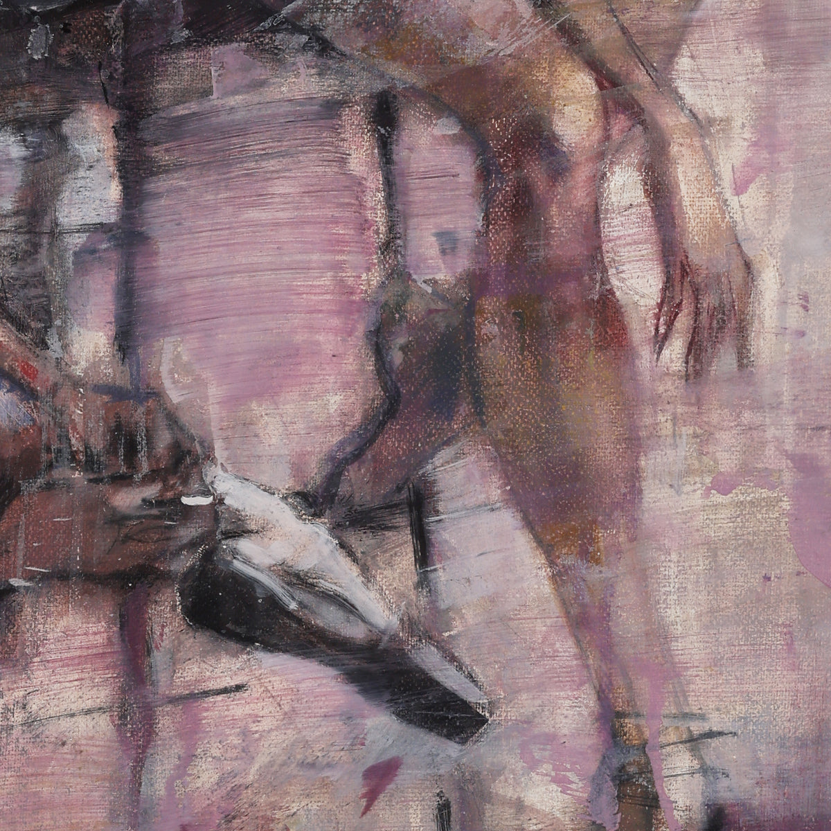A detail image of an Abstract impressionist painting of two ballerinas in white tutus, preparing for a performance in a dance studio. The artwork features expressive brushstrokes and a rich color palette of pinks, purples, and muted earth tones, evoking movement and grace. The ballerinas' forms are slightly blurred, emphasizing motion and emotion in a contemporary, atmospheric style.