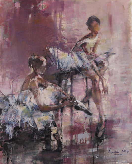 Abstract impressionist painting of two ballerinas in white tutus, preparing for a performance in a dance studio. The artwork features expressive brushstrokes and a rich color palette of pinks, purples, and muted earth tones, evoking movement and grace. The ballerinas' forms are slightly blurred, emphasizing motion and emotion in a contemporary, atmospheric style.