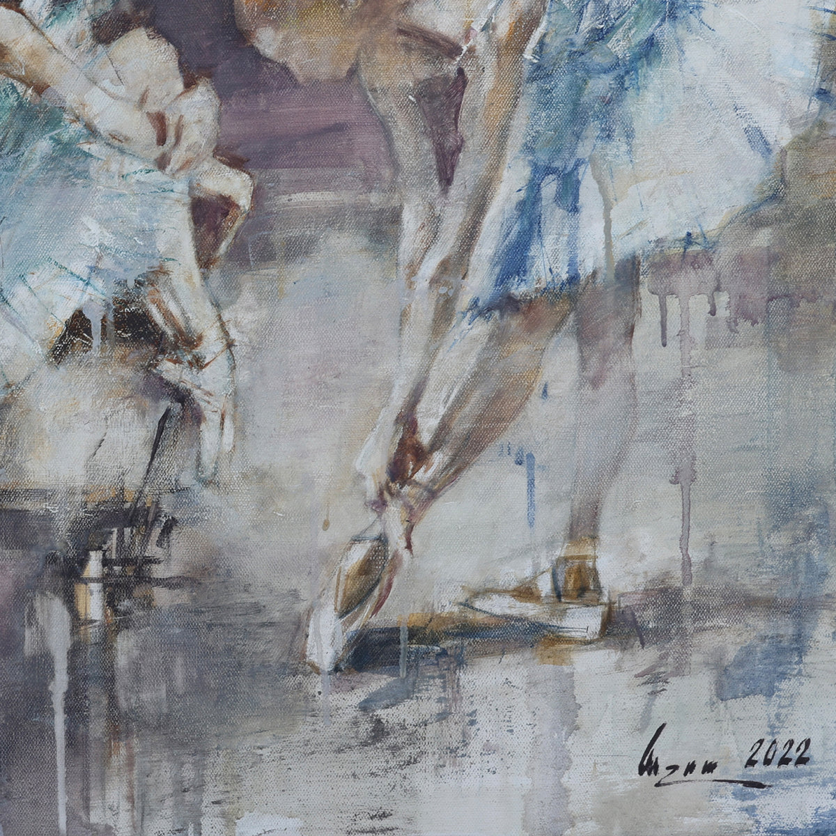 A Detail image showing  an impressionistic painting of two ballerinas in delicate white and blue tutus preparing backstage. One dancer is seated, adjusting her shoes with a calm expression, while the other is bent forward, tying her pointe shoes. The background features abstract purple and gold brushstrokes, with soft lighting and expressive textures that convey movement and elegance. Artwork signed 'Asatryan 2022.