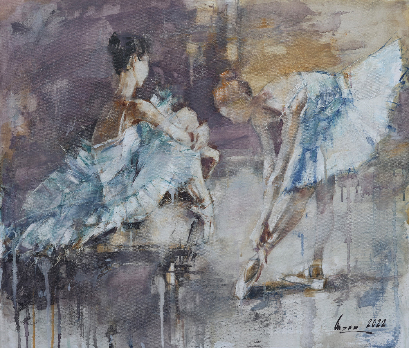 Impressionistic painting of two ballerinas in delicate white and blue tutus preparing backstage. One dancer is seated, adjusting her shoes with a calm expression, while the other is bent forward, tying her pointe shoes. The background features abstract purple and gold brushstrokes, with soft lighting and expressive textures that convey movement and elegance. Artwork signed 'Asatryan 2022.