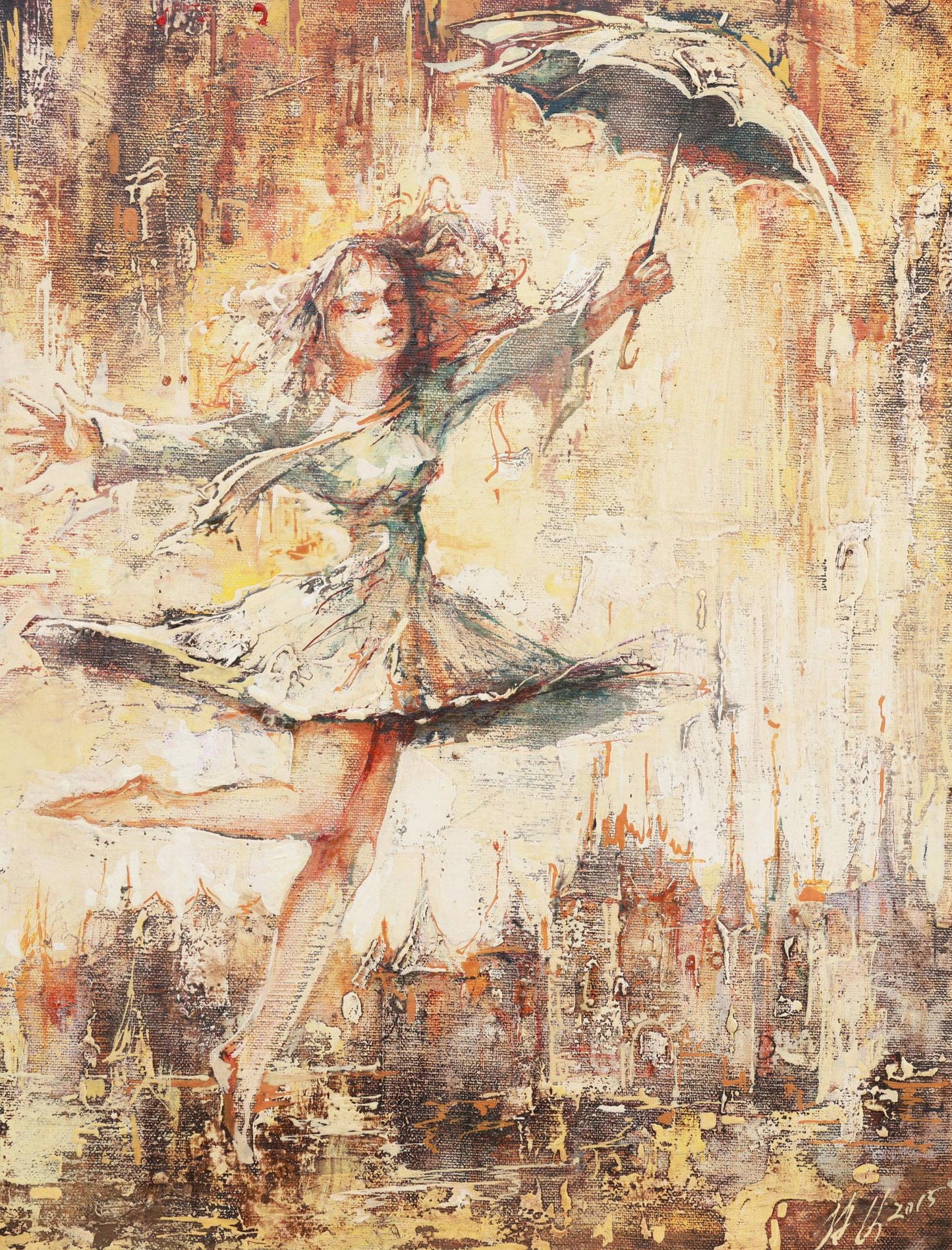 Abstract painting of a dancer with a cityscape background