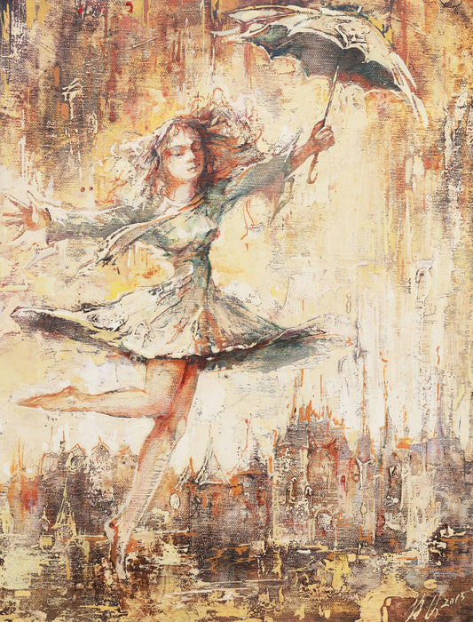 Abstract painting of a dancer with a cityscape background