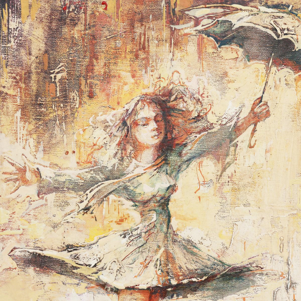 Artistic depiction of a woman with outstretched arms on a textured background