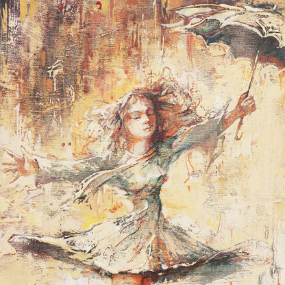 Artistic depiction of a woman with outstretched arms on a textured background