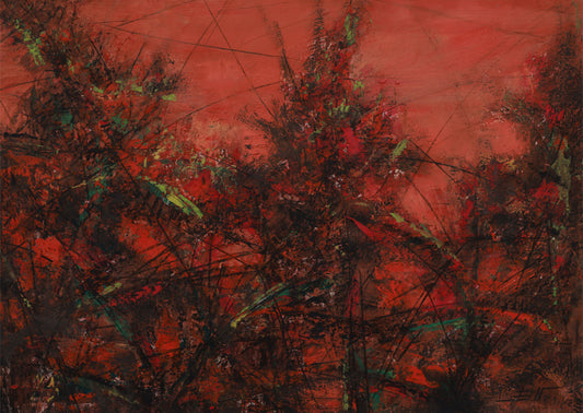 Abstract painting with red, brown, and green colors