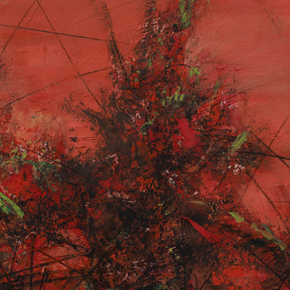 Abstract painting with red, black, and green colors on a textured surface