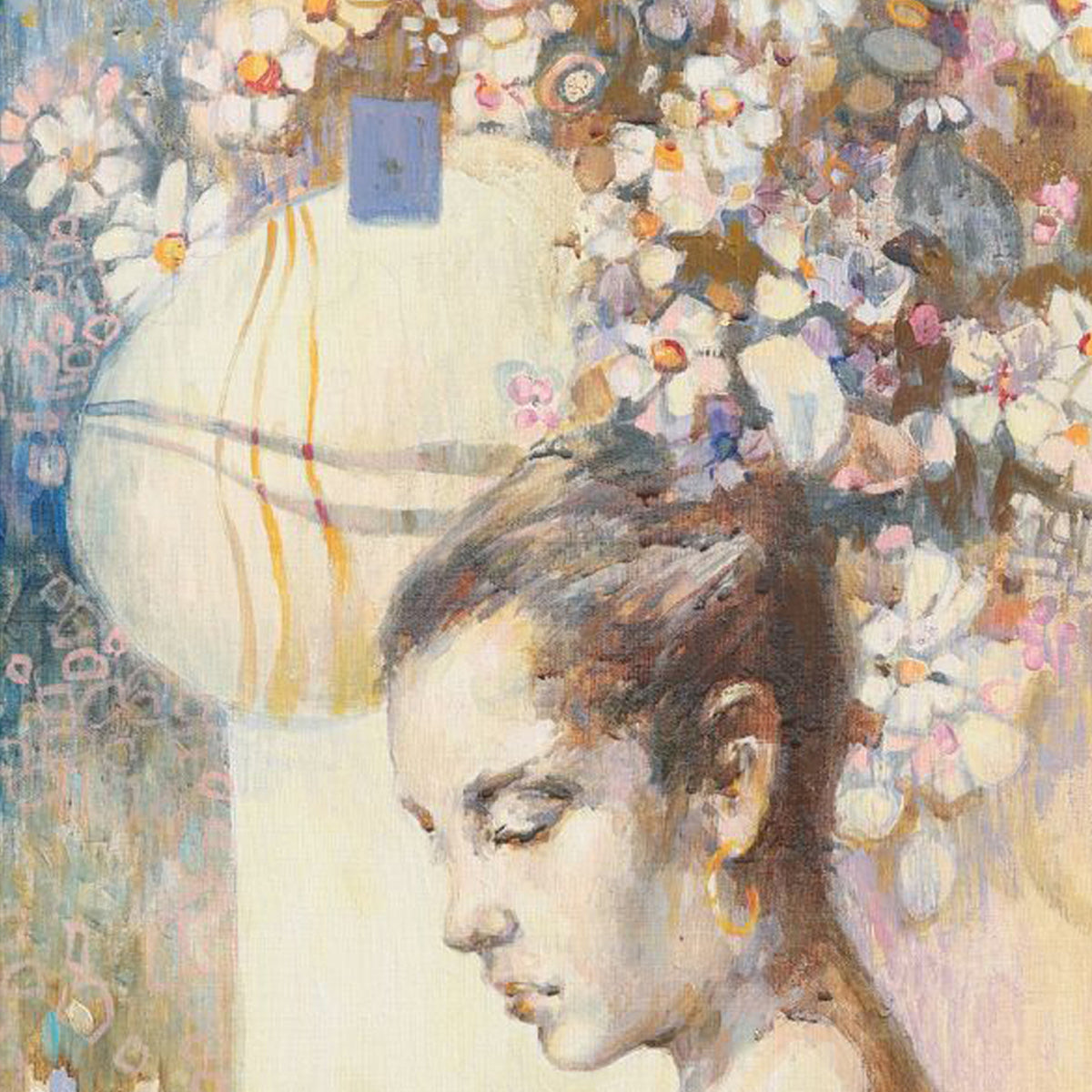 Artistic depiction of a woman's profile with flowers and abstract elements