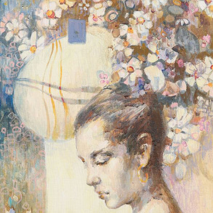 Artistic depiction of a woman's profile with flowers and abstract elements