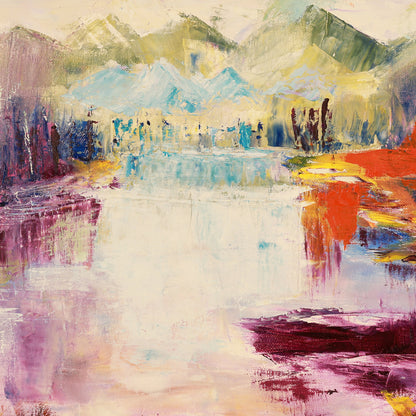 Abstract painting of a landscape with mountains and water