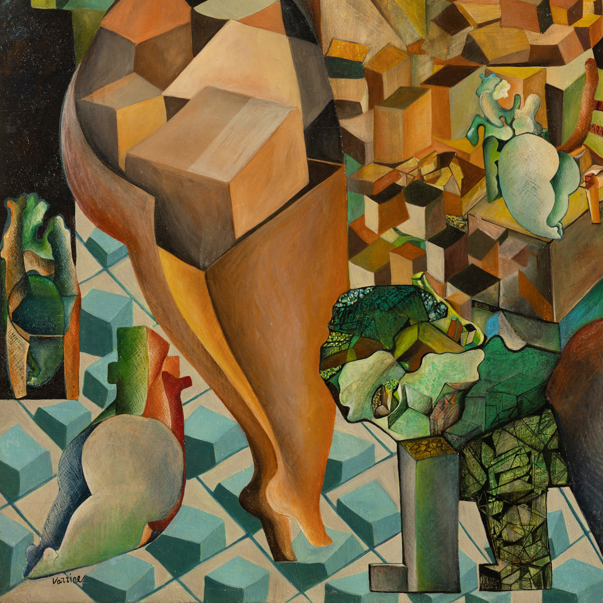 A detail shot of an abstract artwork with geometric shapes and colors