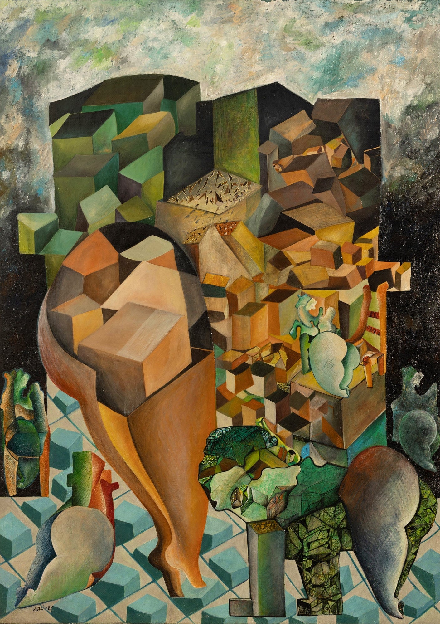 Abstract artwork with geometric shapes and a figure in a surreal setting