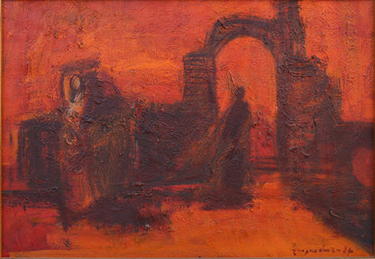 Artistic depiction of a figure walking through ruins with a red-orange color scheme.