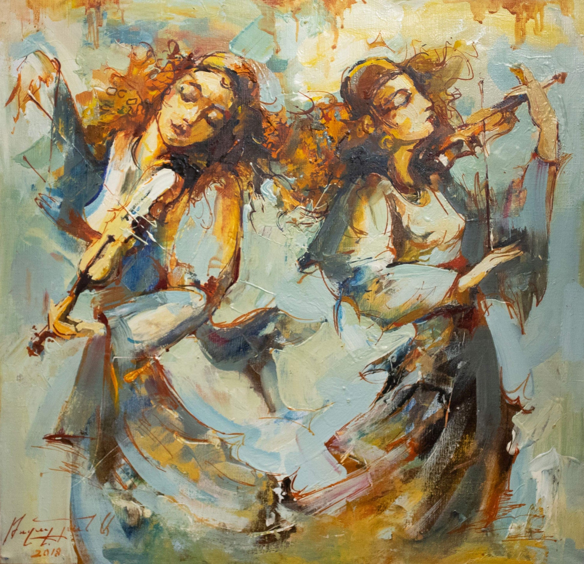 Artistic depiction of two women playing violins with a colorful abstract background
