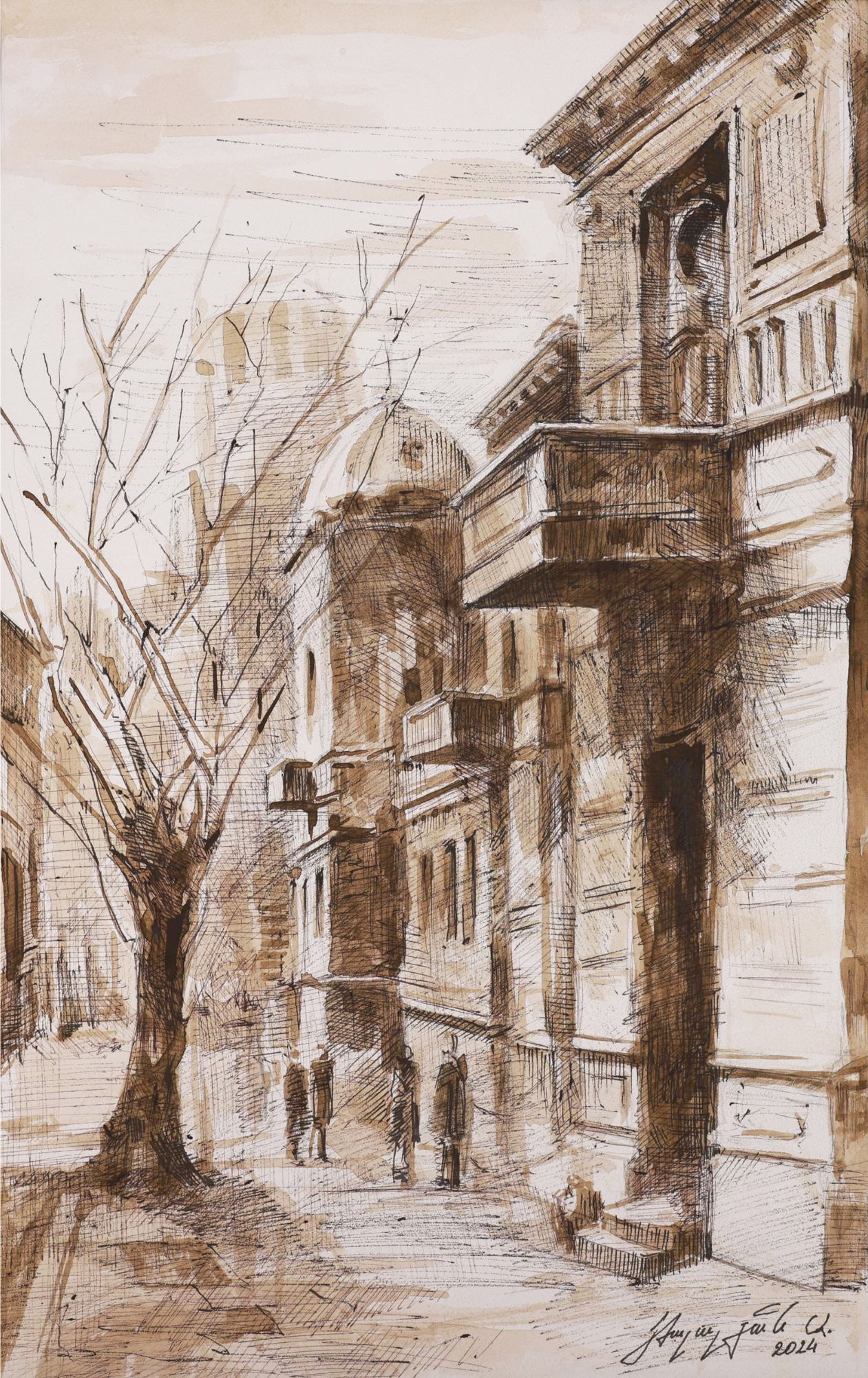 Artistic depiction of a street scene with buildings and a tree, rendered in brown tones.