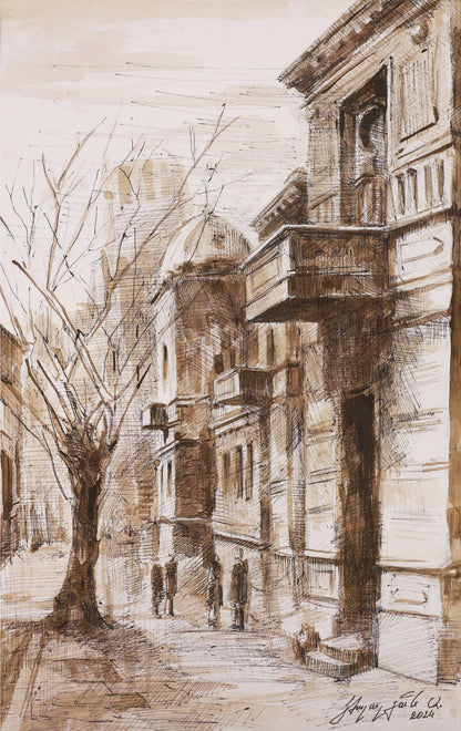 Artistic depiction of a street scene with buildings and a tree, rendered in brown tones.