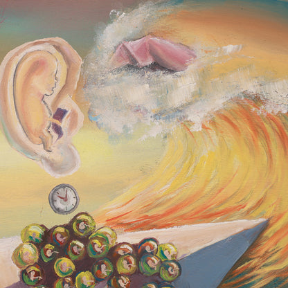 Abstract artwork with a large ear, clock, and colorful elements on a yellow background
