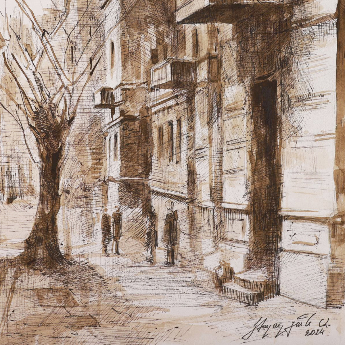 Sketch of a street scene with buildings and a tree