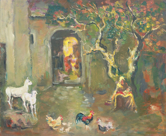 Painting of a woman with animals in a garden setting