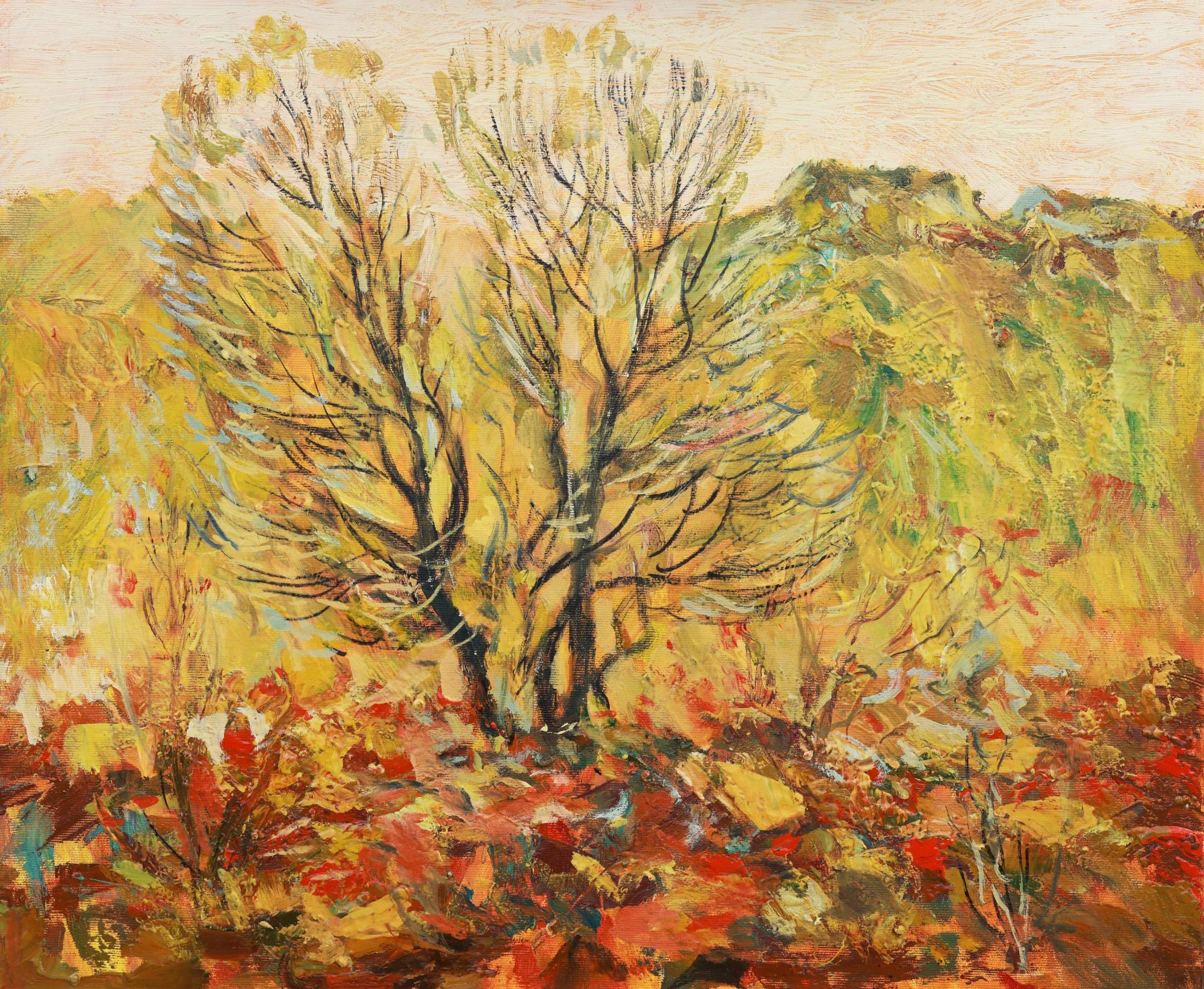 Painting of two bare trees in a landscape with warm colors