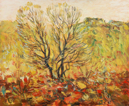 Painting of two bare trees in a landscape with warm colors