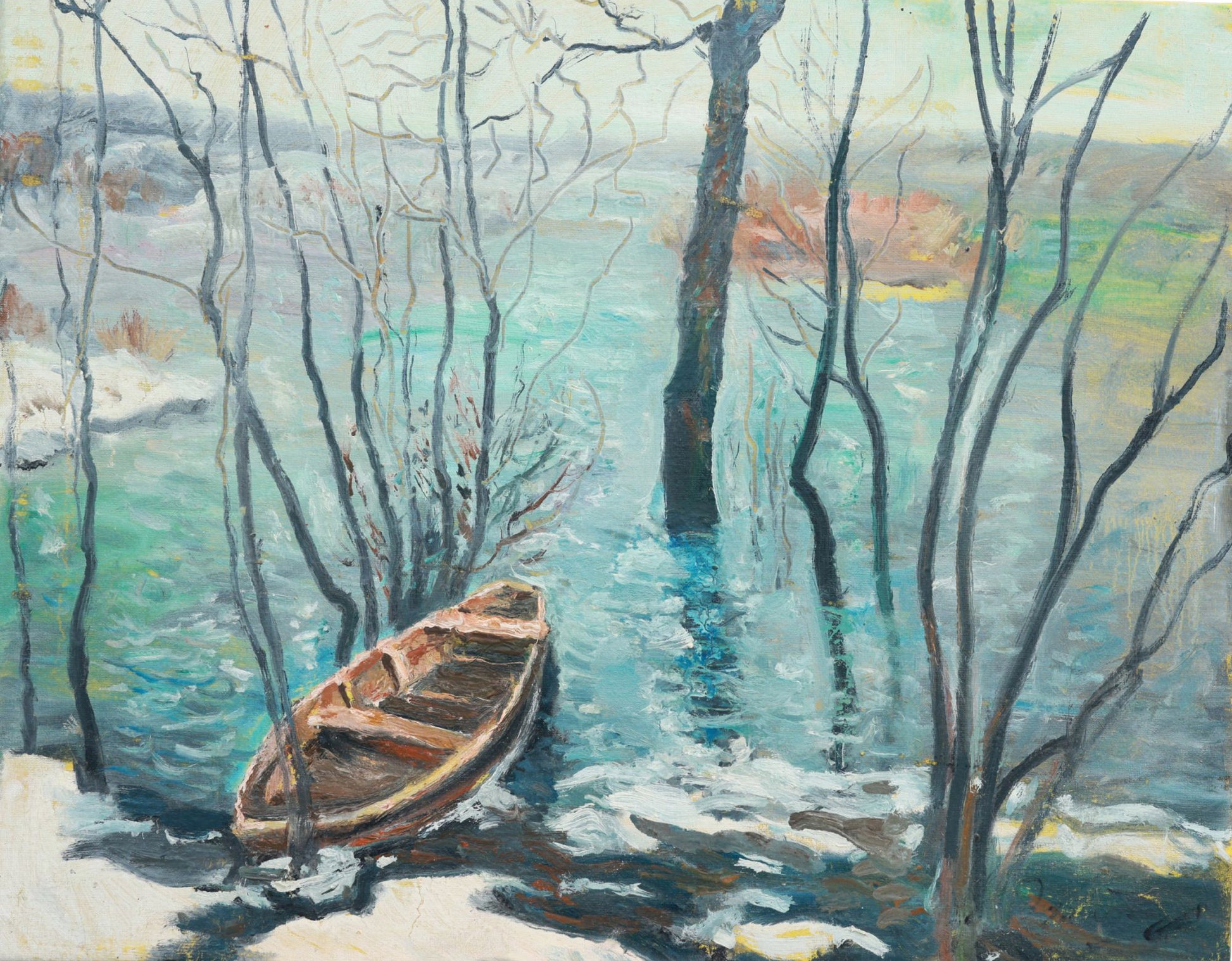 Painting of a boat on a snowy lakeside with bare trees