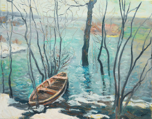 Painting of a boat on a snowy lakeside with bare trees