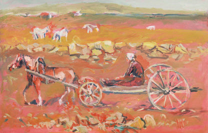 Painting of a horse pulling a cart with a person in a field