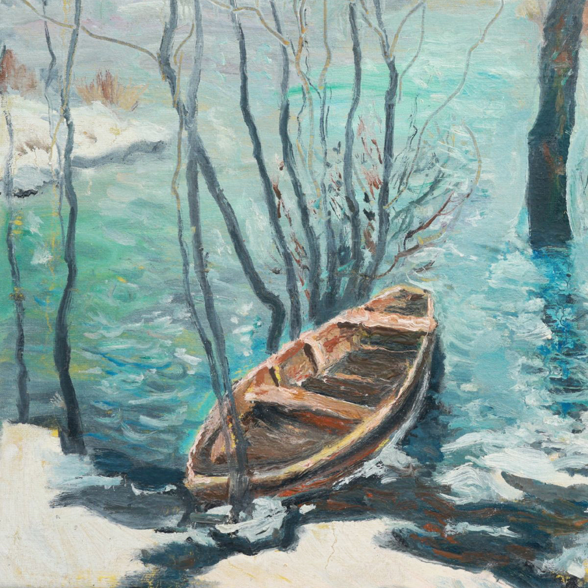 Painting of a wooden boat on a snowy lakeside with bare trees.