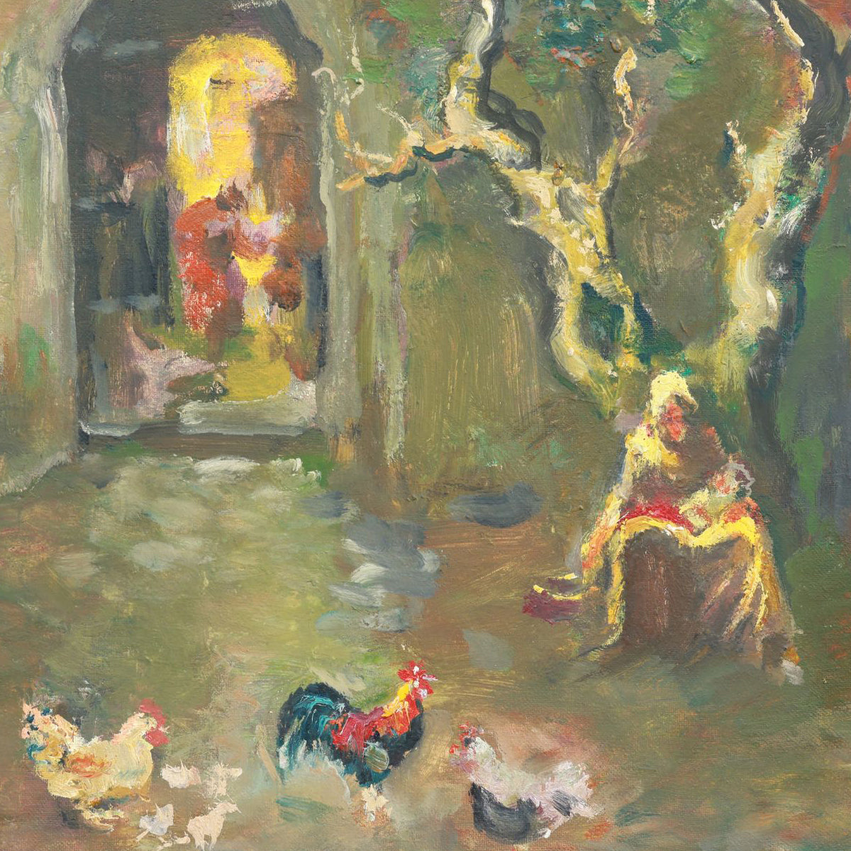 Painting of a woman with chickens in a rustic setting