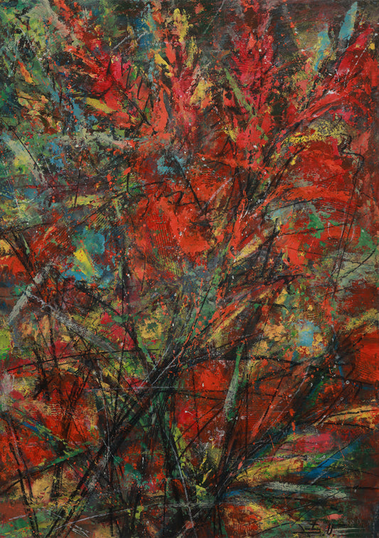 Abstract painting with vibrant red, blue, and green colors