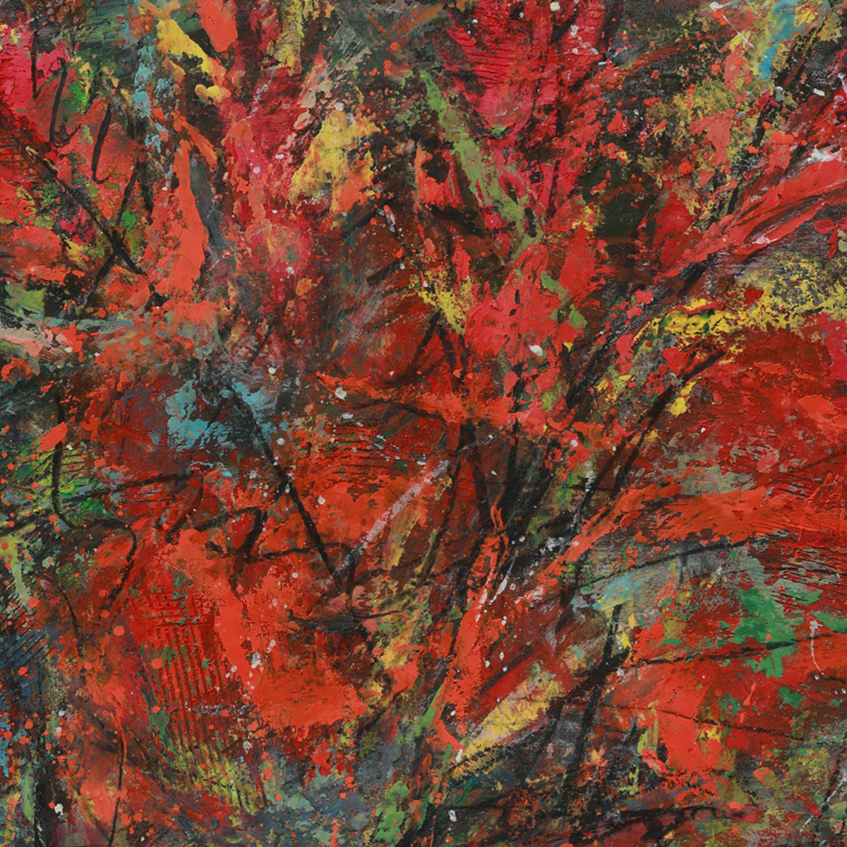 Abstract painting with a mix of red, green, and black colors