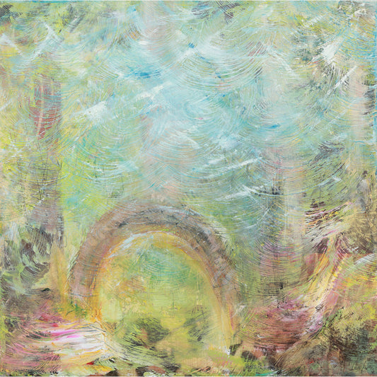 Abstract painting with swirling colors and textures