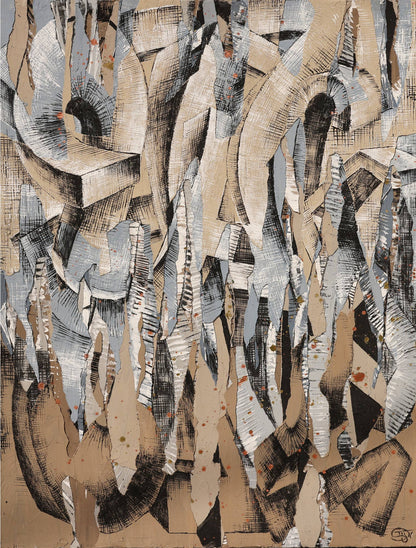 Abstract art piece with swirling patterns in earthy tones