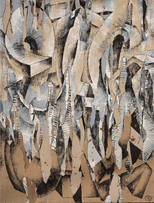 Abstract art piece with swirling patterns in earthy tones