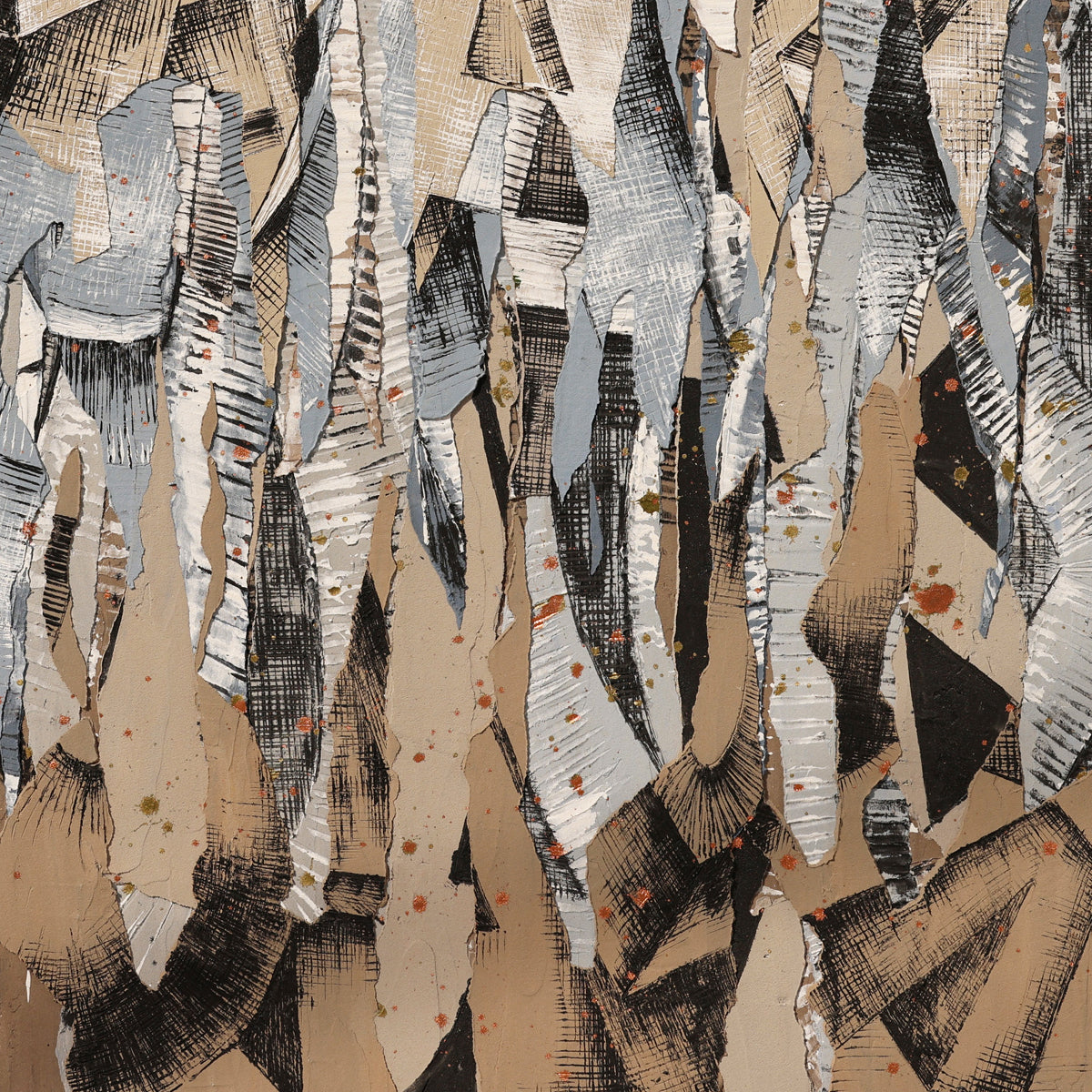 A detail shot of an abstract art piece with swirling patterns in earthy tones
