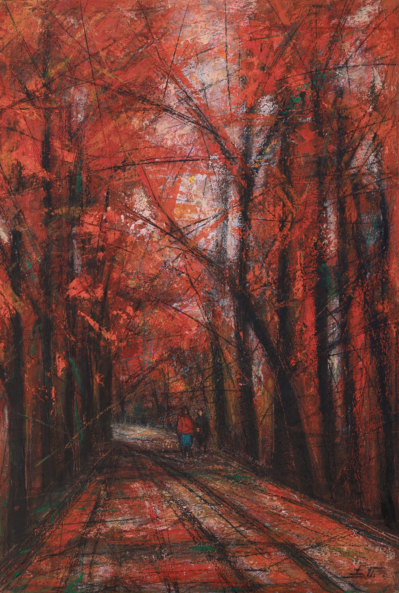 Abstract painting of a forest path with red and brown tones
