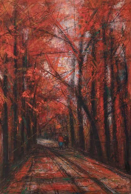 Abstract painting of a forest path with red and brown tones