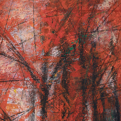 Abstract art with red, brown, and black colors on a textured surface