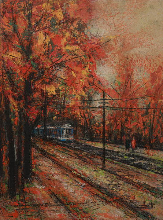 Artistic depiction of a street scene with autumn trees and tram tracks.