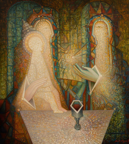 Artistic depiction of two figures in a mystical or religious setting with intricate designs.