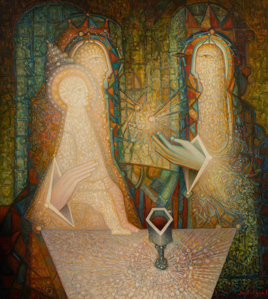 Artistic depiction of two figures in a mystical or religious setting with intricate designs.