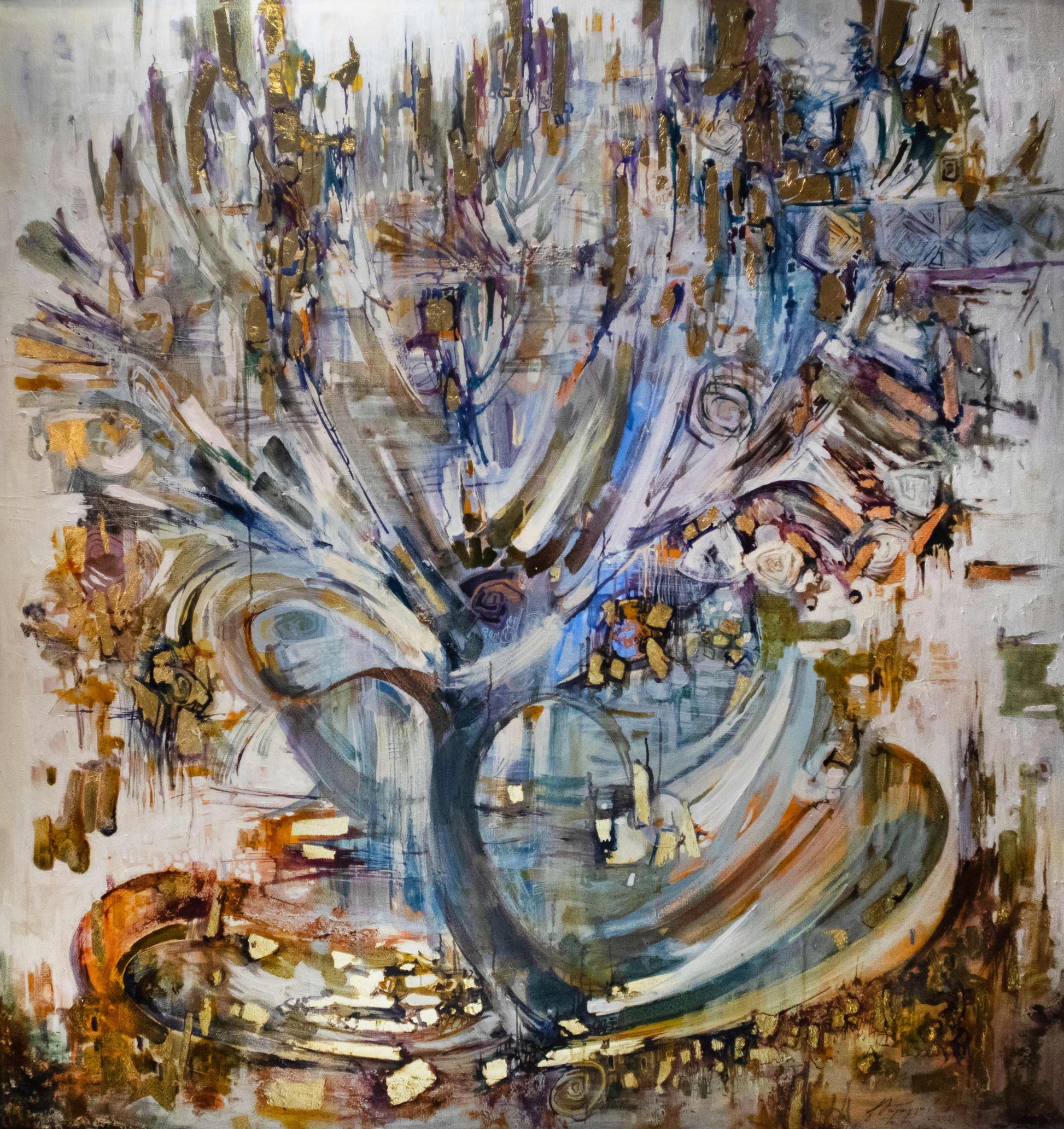 Abstract art piece with a mix of colors and shapes on a textured background