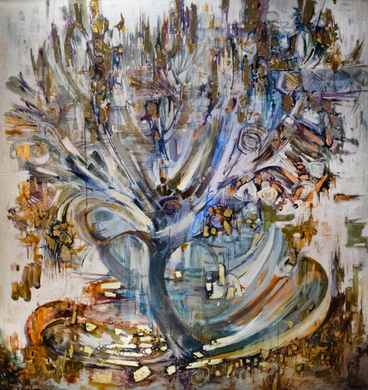 Abstract art piece with a mix of colors and shapes on a textured background