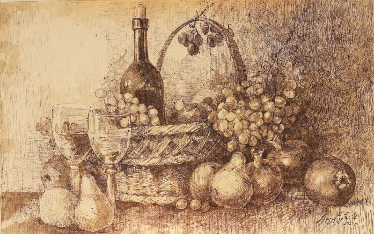Still life drawing with a bottle, basket, fruits, and wine glasses on a textured surface.