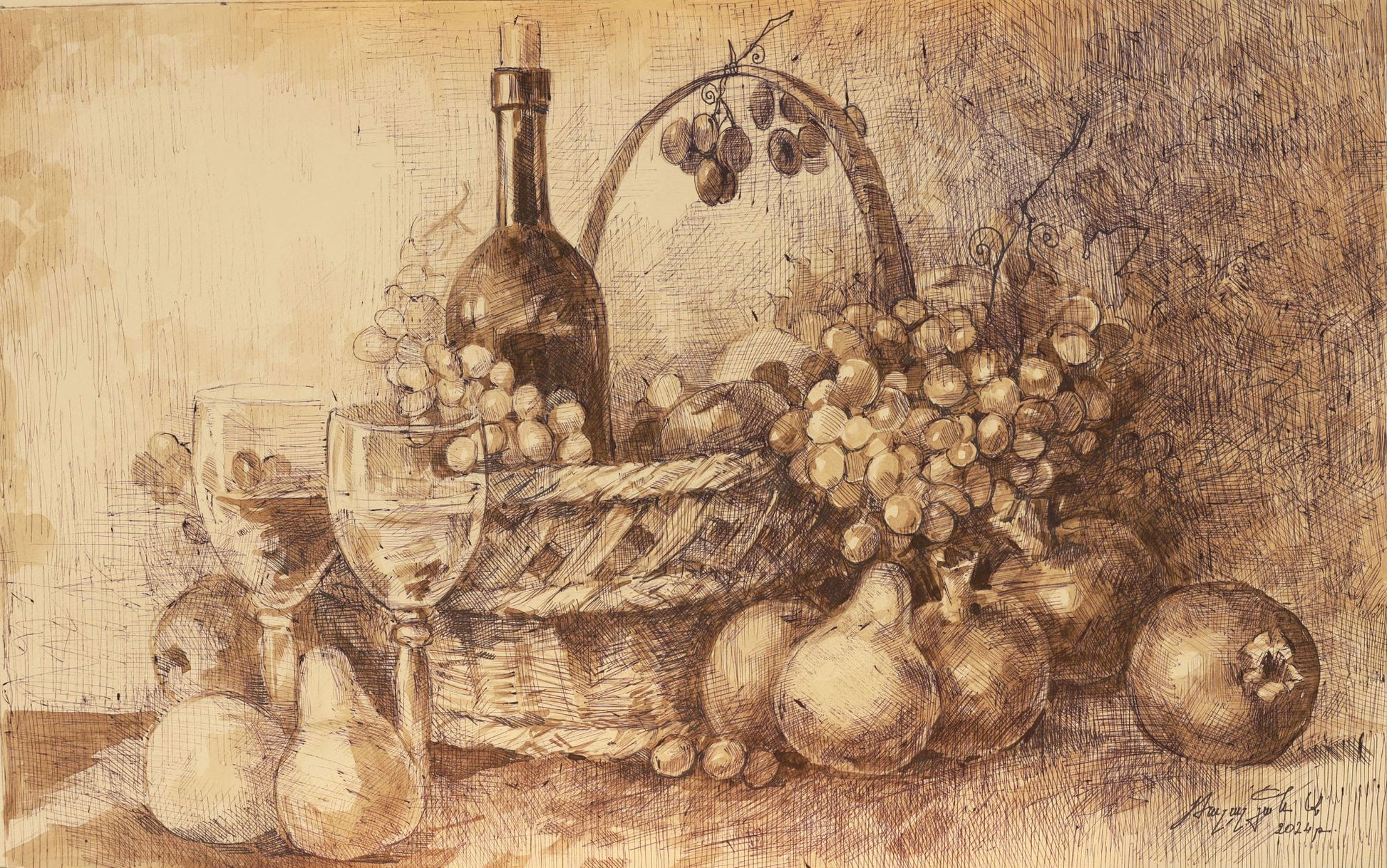 Still life drawing with a bottle, basket, fruits, and wine glasses on a textured surface.