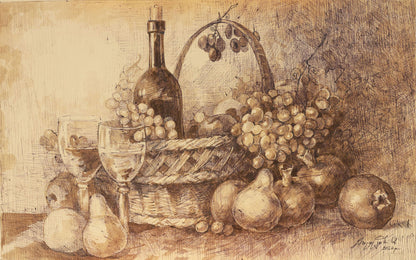 Still life drawing with a bottle, basket, fruits, and wine glasses on a textured surface.
