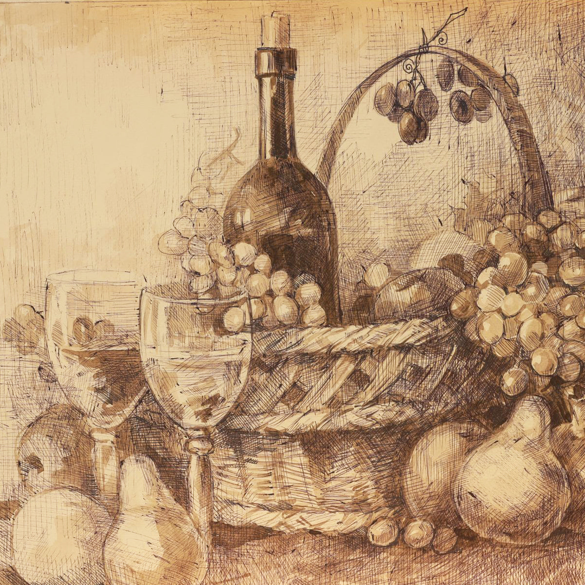 Artistic depiction of a still life with a bottle, grapes, and wine glasses on a textured surface.