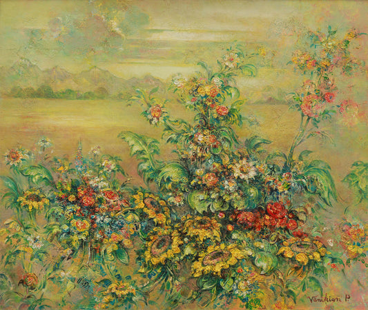 Floral painting with vibrant colors on a yellow background